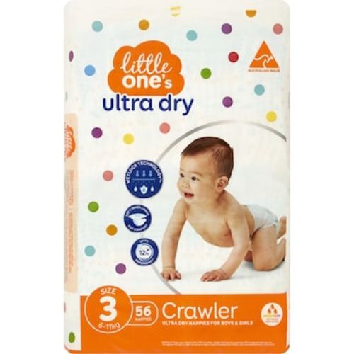 Little One's Size 3 Ultra Dry Nappies Crawler 6-11Kg Boys & Girls 56 pack | Woolworths