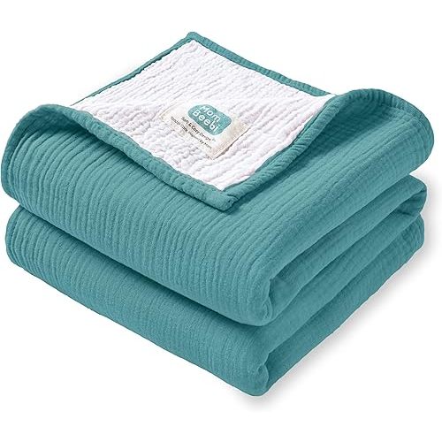 Muslin Baby Blankets for Boys, 100% Cotton Breathable Baby Swaddle Blanket, Perfect Size 37''x37'' Soft Receiving Blankets for Boys, 4-Layer Baby Boy Blanket (Medium Turquoise)