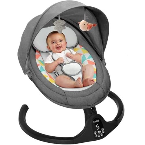 Bioby Electric Baby Swing for Infants, Portable Baby Swing for Newborn Boy Girls with 5 Swing Speeds, Bluetooth Touch Screen/Remote Control, Baby Rocker Chair with Music Speaker 5 Point Harness