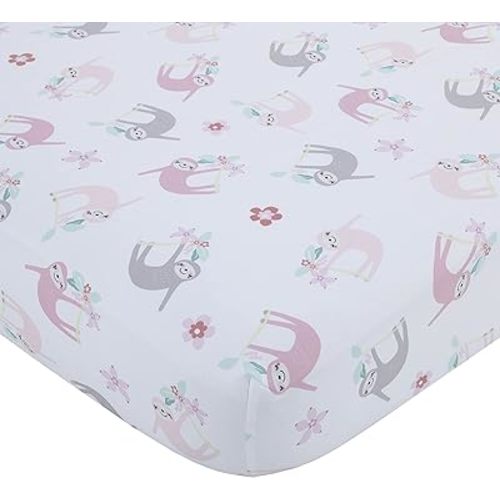 Little Love by NoJo Tropical Garden Pink, Grey, and White Sloth Super Soft Fitted Crib Sheet