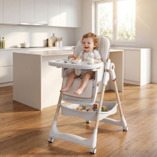 Portable Adjustable High Chair, Infant to Toddler Feeding Seat (0-6 Years) with Locking Wheels, 5-Point Belt, Easy-Wipe Design