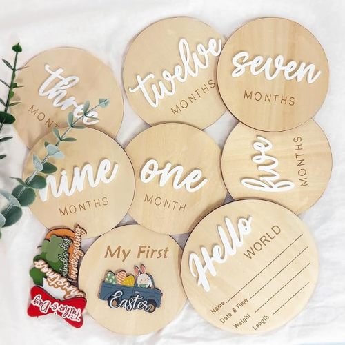 Monthly Baby Milestone Maker Discs, Baby Milestone Signs for Newborn Baby, Hello World Newborn Sign for Baby Girl & Boy, Baby Announcement Sign for 1-12 Month, Milestone Wooden Circles (White)