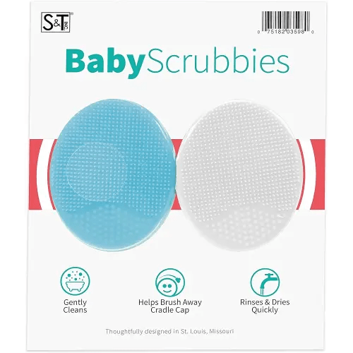 S&T INC. Exfoliating and Massaging Cradle Cap Bath Brushes for Baby, Silicone - 2 Inch x 2.5 Inch, Blue and White, 2 Pack