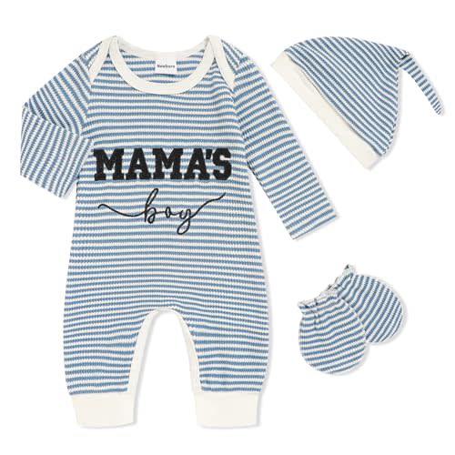 GRNSHTS Newborn Baby Boy Romper Coming Home Outfits Letter Print Bodysuit Jumpsuit+Hat+Gloves 3PCS Clothes Set