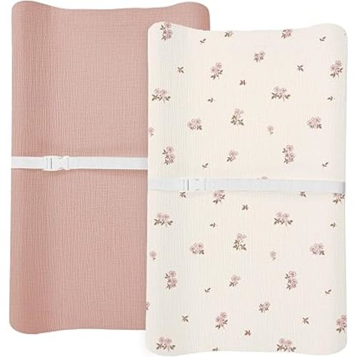 Changing Pad Cover for Baby Boy Girl 2 Pack, Muslin Changing Table Pad Covers with Boho Style, Neutral Nursery Bedding Essentials Soft and Breathable (Flower G & Pink)