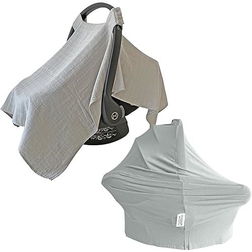 Mozah 100% Organic Muslin Car Seat Cover & 9-in-1 Multi-Use Cover - Nursing and Stroller Essential - Breathable, Soft, Versatile (Belgian Grey)