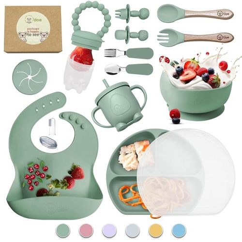 O'doe 17-Piece BPA-Free Silicone Baby Feeding Set | Thick & Soft Suction Plates, Baby Bowls, Wooden Fork & Spoon, and More | Make Mealtime Fun and Easy for Your Little One (Green, V2)