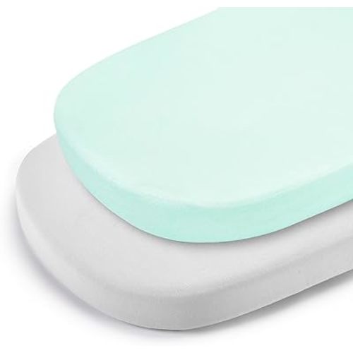 TILLYOU Baby Bassinet Sheets for Girls Boys, Fit for Hourglass Oval Rectangle Bassinet Mattress Sheets, 33”X16”, 2 Pack Gray and Green