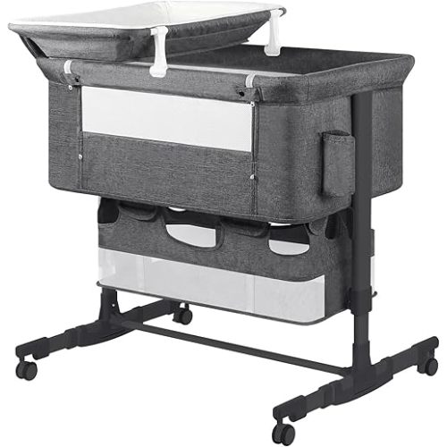 Baby Bassinet Bedside Sleeper with Diaper Changing Station + Mosquito Net + 16gallon Capacity Storage, Adjustable & Portable Bassinet Cosleeping Baby Bed (Black Grey)