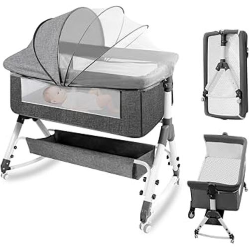Baby Bassinet,Foldable Newborn Crib with Mosquito Net and Wanxiang Silent Wheel, Adjustable Height,Bassinet Bedside Sleeper (AB010011-1)