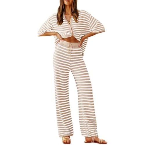 Tankaneo Womens Knit 2 Piece Lounge Sets Striped Short Sleeve Tops and Wide Leg Pants Travel Airport Vacation Outfits