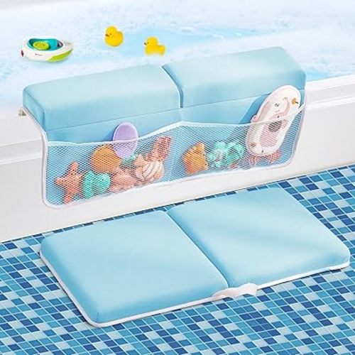 Baby Bath Kneeler and Elbow Rest Pad Set,Bath Kneeling Pad Thick Soft Quick Dry Baby Bathtub Mat for Baby Bathing Time,Baby Essentials Memory Foam with Toys Organizer Gifts for Parents,Blue