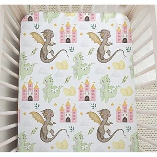 Baby Crib Sheets for Boys Girls Cute Dragon Fairytale Castle Fitted Crib Sheet for Standard Crib Mattress Cloud Moon Star Dragons Crib Mattress Cover Super Soft Nursery Bed Sheets Decor 28''×52''