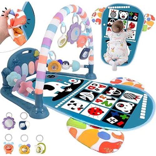 Baby Play Gyms for 0-6 Months, Tummy Time Mat, Baby Play Mat Activity Gym, Kick and Play Piano Gym, Music and Lights, Newborn Baby Gifts for Boys, Blue