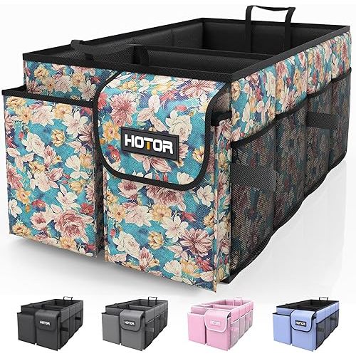 HOTOR Trunk Organizer for Car - Car Organizer, Foldable Trunk organizer for SUVs & Sedans, Sturdy Car Organization for Car Accessories, Tools, Sundries, Blue Flower, 2 Compartments, 21.3"×12.6"×10.6"