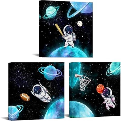 YeiLnm 3 Piece Outer Space Wall Art Blue Astronaut and Baseball Basketball Rugby Canvas Painting Funny Astronomy Poster Picture Artwork for Boys Girls Kids Bedroom Nursery Room Decor