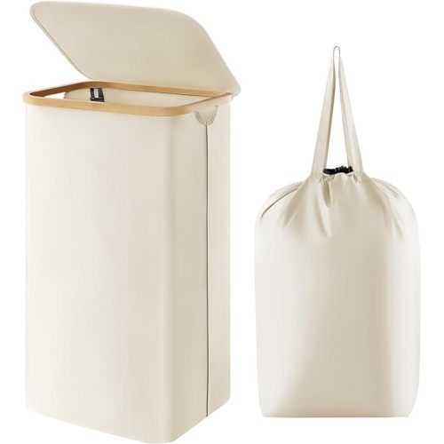 Lifewit 100L Laundry Basket with Lid, Clothes Hampers for Laundry with Bamboo Handles and A Removable Laundry Bag, Large Foldable Laundry Hamper for Bedroom, Bathroom, Dorm, Laundry Room, White