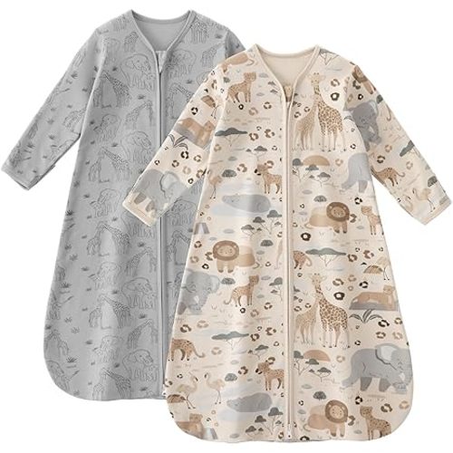 Baby Sleep Sack 0-6 Months 100% Cotton Long Sleeve Wearable Blanket Baby Sleep Bag with 2-Way Zipper 2 Pack 0.5 Tog Sleeping Sack for Newborn Infant Apricot Gray Elephant