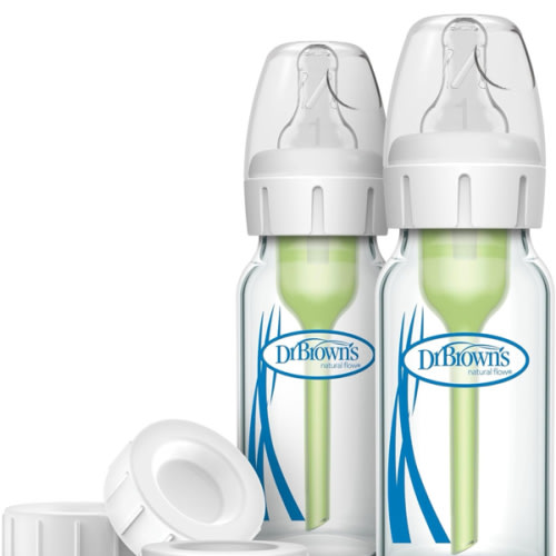 Dr. Brown's Natural Flow Anti-Colic Options+ Narrow Glass Baby Bottle 4 oz/120 mL & Travel and Storage Baby Bottle Caps for Natural Flow and Options+ Baby Bottles - 3-Pack