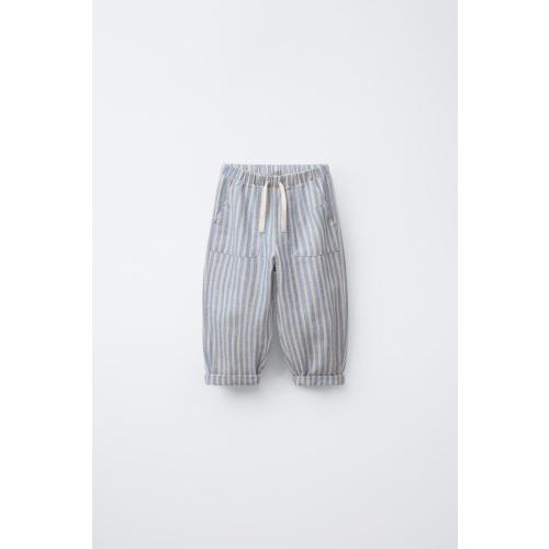 STRIPED LINEN AND COTTON PANTS - Blue | ZARA United States