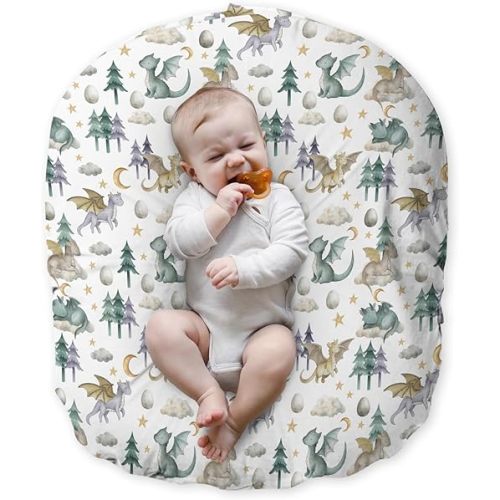 Newborn Lounger Pillow Cover Dragon, Green Dragons Lover Tree Moon Star Baby Boy Girl Shower Gift Removable Slipcover, Soft Snug Fit Infant Nursing Pillowcase (Lounger Not Included)