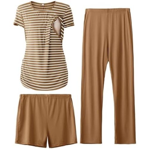 SUNNYBUY Womens Maternity Nursing Pajamas Set, Short Sleeve Breastfeeding Shirts,Pregnancy Shorts & Pants 3 Piece Nursing PJS