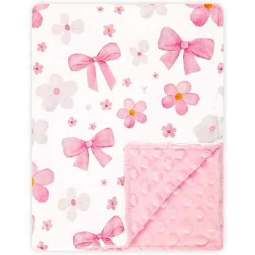 Baby Blanket for Girls, 30x40 Inch Double-Sided Soft Blanket with Bow & Flower Print, Soft Plush & Dotted Backing, Swaddling Receiving Blanket for Travel, Stroller & Nursery, Baby Gift