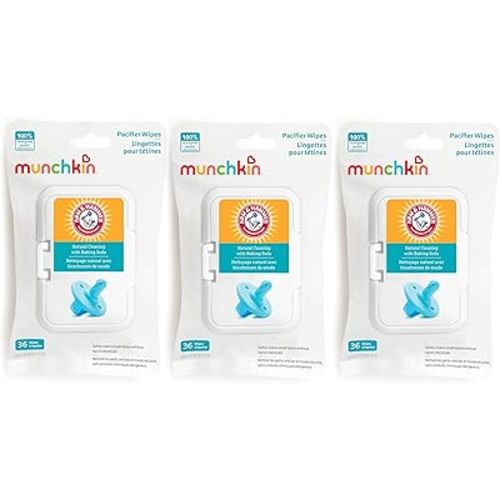 Munchkin Arm & Hammer Pacifier Wipes - Safely Cleans Breast Pump Parts and Feeding Essentials for Baby and Toddler, 3 Pack, 108 Wipes