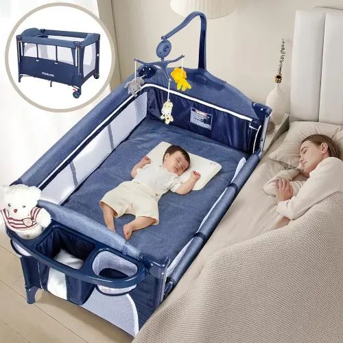 Baby Bassinet Bedside Crib with Portable Diaper Changing Table, 5-in-1 Pack and Play Baby Crib for Newborn Baby, Mattress, Playard, Music Box, Carry Bag, Easy to Install(Blue)