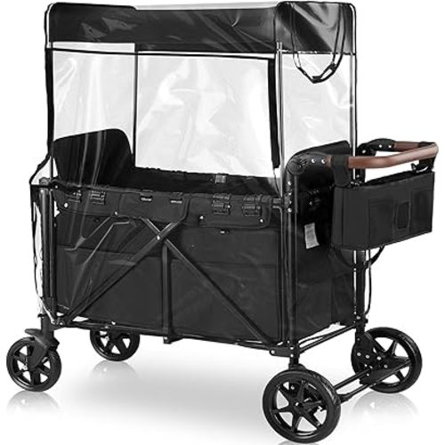 Stroller Wagon for 2 Kids with Rain Cover, Foldable Wagons Carts Featuring High Seats with 5-Point Harnesses, Easy-Access Zipper Door, Storage Bag and Adjustable Canopy, Snack Plate