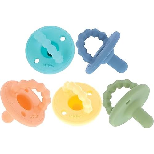 Nuby Silicone Softees Pacifier and Teethers - (5-Pack) Silicone Baby Pacifiers and Teethers - 0+ Months - Assorted Colors
