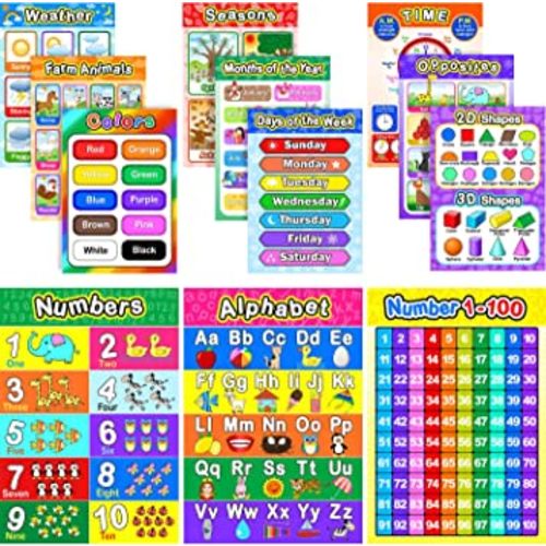 Educational Preschool Poster for Toddler and Kid with Glue Point Dot for Nursery Homeschool Kindergarten Classroom - Teach Numbers Alphabet Colors Days and More 16 x 11 Inch (12 Pieces, English Style)