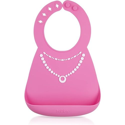 Nuby 3D Soft Silicone Baby Bib with Scoop - Silicone Bib for Toddlers and Babies 6+ Months - Pearl Necklace