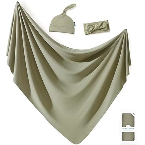 GRSSDER Newborn Swaddle Blanket, Ultra Soft Jersey Receiving Blanket with Matching Headband and Beanie Set, 47×47" Extra Large Nursery Swaddle Wrap for Girls and Boys