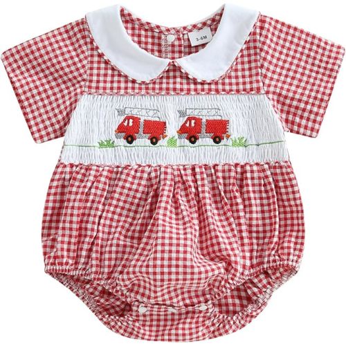 Honganda Newborn Infant Baby Girl Bubble Romper Fire Truck Doll Collar Short Sleeve Smocked Onesie Plaid Jumpsuit