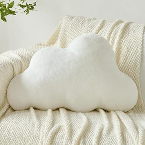Cloud Pillows, Decorative Throw Pillow with Soft Plush for Couch Bed, Cloud Shaped Pillow Room Decor with Fluffy Faux Rabbit Fur for Living Room Bedroom (White, 14.5x22.4 Inches)