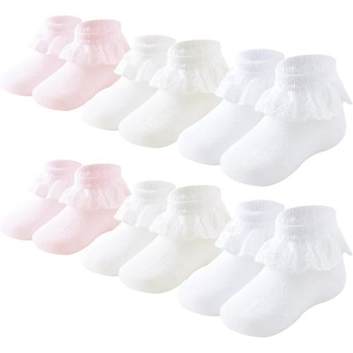 Mini angel Baby Girls Socks Eyelet Ruffle Lace Frilly Dress Socks for Newborn Infant Toddler 3/6 Pairs