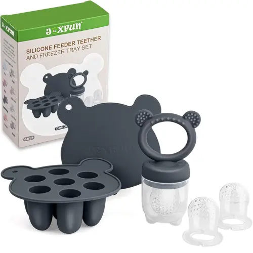 JEXFUN Silicone Baby Food Feeders + Freezer Tray for Batch Prep, Introduce New Foods Safely, Double as Silicone Teething Toys, BPA Free Silicone Feeder for Safe Infant Self Feeding - (Dark Grey)