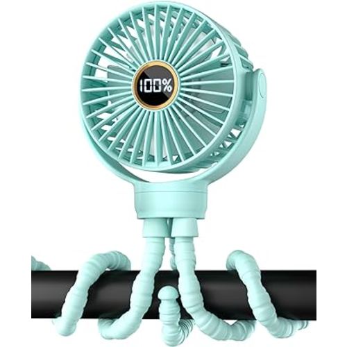 3.5" Battery Powered Baby Stroller Cooling Fan, 3-Speed Rechargebale Tripod Fan with 360 Degree Rotation, Quiet Portable Fan with LED Display, Great for Car Seat, Crib, Bike, Treadmill, Aqua