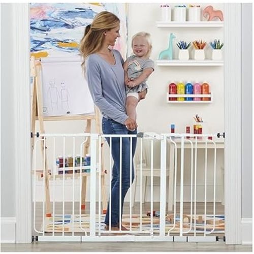 Regalo 56-Inch Extra WideSpan Walk Through Baby Gate, Includes 4-Inch, 8-Inch and 12-Inch Extension, 8 Piece Set - 4 Pack of Pressure Mounts and 4 Pack of Wall Cups and Mounting Kit, White