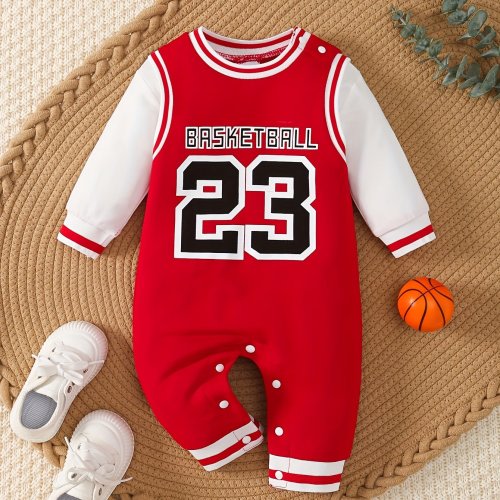 Boys' Newborn Basketball 23 Letter Print Romper - Red and White Contrast Long Sleeve Bodysuit with Snap Buttons, Polyester Blend, Machine Washable, Basketball Jersey, Perfect for Outdoor