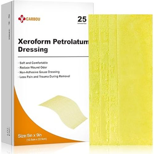 Carbou Medical Xeroform Petrolatum Dressing 5"x9", 25 Individual Pack, Non-Adherent Gauze Pads, Soft Fine Mesh Gauze Patch for Wound Care, Burns, Lacerations, Skin Grafts & Surgical Incisions