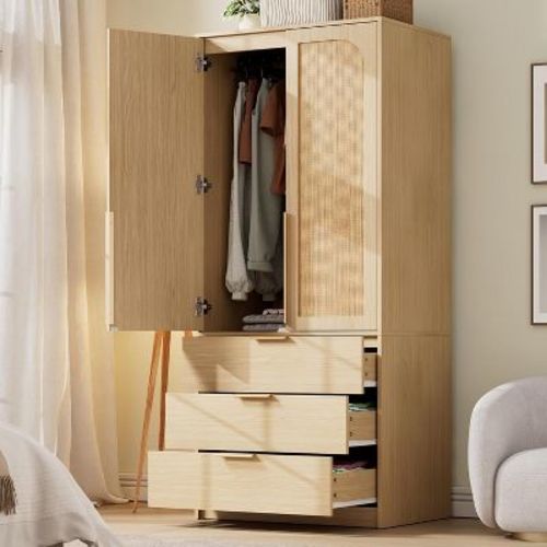 Armoire Wardrobe Closet with Rattan Doors, 69.5" Tall Storage Cabinet with 3 Drawers and Hanging Rod, Floor Wardrobe for Bedroom