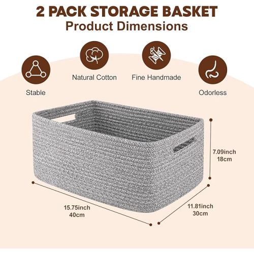 OIAHOMY Storage Basket for Shelves, Closet Cube Storage Bins Baskets for Clothes Blanket Towels, Baby Nursery, Toy Baskets Box, Woven Rope Basket, 15.75*11.81*7.09 IN, 2 Packs Grey