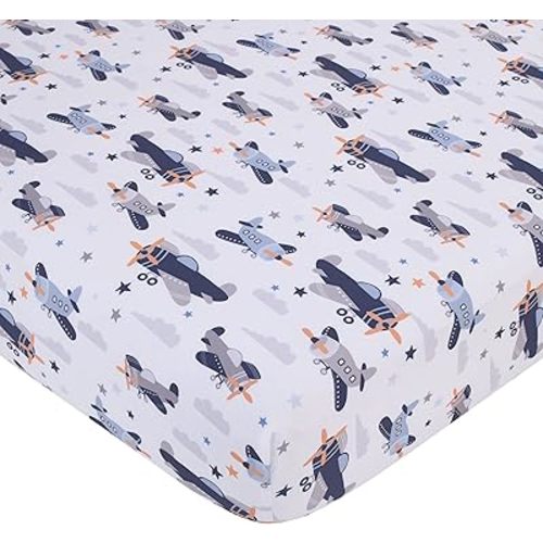 Little Love by NoJo Soar High Little One Navy, Light Blue, Orange, and White Airplanes, Clouds, and Stars Fitted Crib Sheet