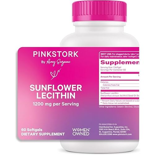 Pink Stork Sunflower Lecithin Supplement - 1200 mg for Clogged Milk Ducts - Breastfeeding Essentials for Postpartum Moms - Supports Breast Milk Flow - 60 Softgels