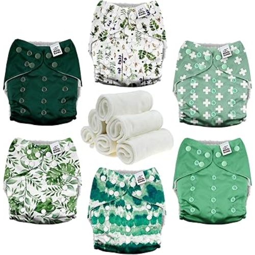 Mama Koala 3.0 Cloth Diapers for Babies with AWJ Lining, 6 Pack with 6 Natural Cloth Diaper Inserts - Reusable and Washable Pocket Diapers (Love Green)