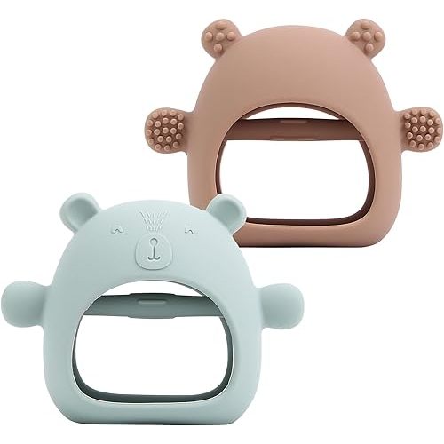 2 Pack Silicone Baby Teether Toy for Infants 3+ Months, Anti-Drop Silicone Baby Mitten Teether for Soothing Teething Pain Relief, Baby Chew Toys for Sucking Needs, (Moody Blue, Camamel)