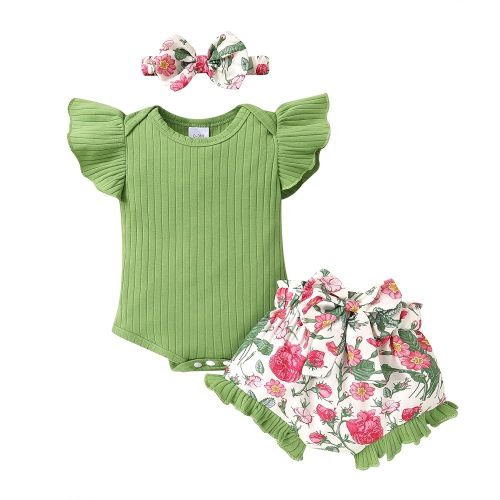 Tiny Cutey Baby Girl Clothes Infant Summer Outfits Set Ruffle Sleeve Romper and Floral Shorts with Headband
