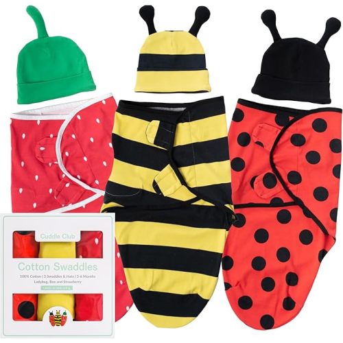 Cuddle Club Swaddles for Newborns - Baby Swaddle Blanket for Boys & Girls - Adjustable Hook-and-Loop Cotton Wrap for Newborn 0-3 & 3-6 Months with hat